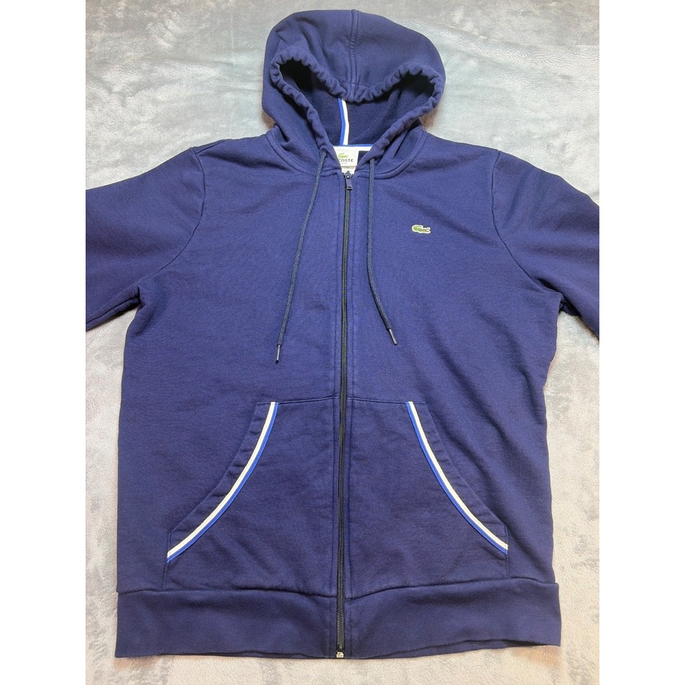 Lacoste Slim Fit Navy Blue Full Zip Hoodie Cotton French Terry Mens Size 6 XL